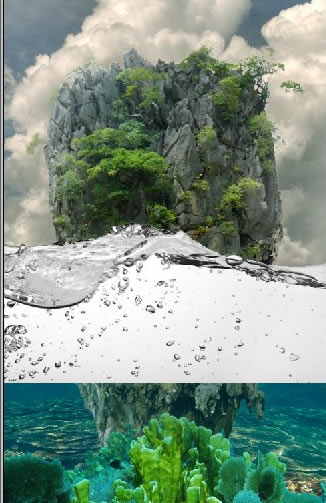 Message in a Bottle, bottle splashing in waves, Rough Water Surface, copy space, james bond island, close up of water wave, bubbles, tropic landscape, sea, ocean corals, seascape photomanipulation.